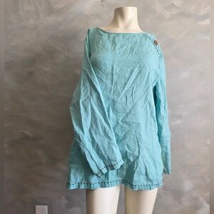 Aqua Blue Linen Tunic Top David Dart Sz L Contrast Briwn Stitch Wood Button